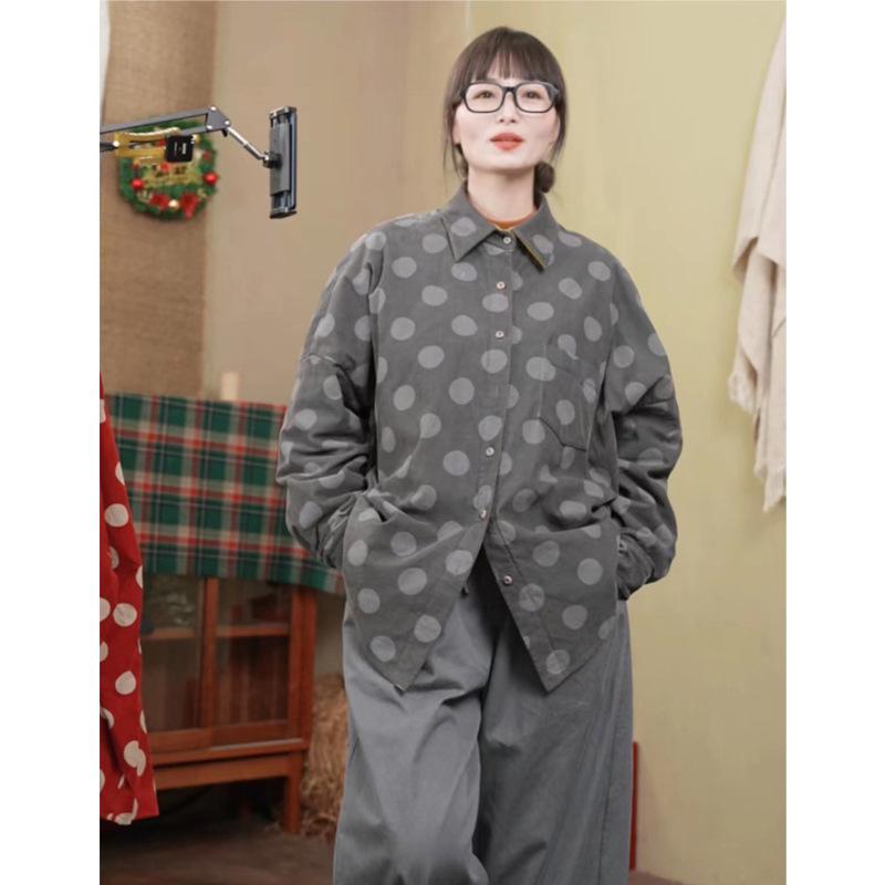 

Women s Grey Polka Dot Lapel Cardigan - Autumn/Winter Retro Style, Loose-Fit, Slimming, Plus Size, Cotton Shirt L