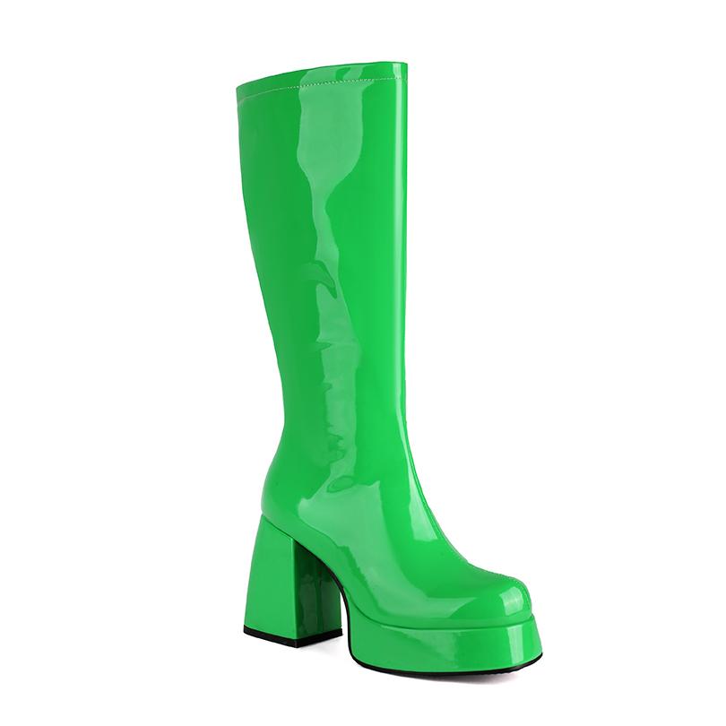 

Plus Size Glossy Patent Leather Upper Square Toe Super Thick Heel Plush Lining Women s Knee Boots Platform Side Zipper Boots 35 зелений