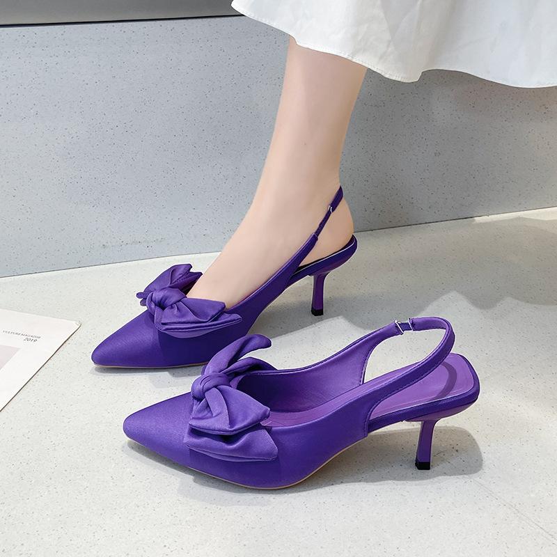 

Fashion Comfort Shoes for Women Stiletto Heels Bow Tie Pointed Summer Suit Female Purple Large Size New Low-heel Baotou Sandals 42 фиолетовый