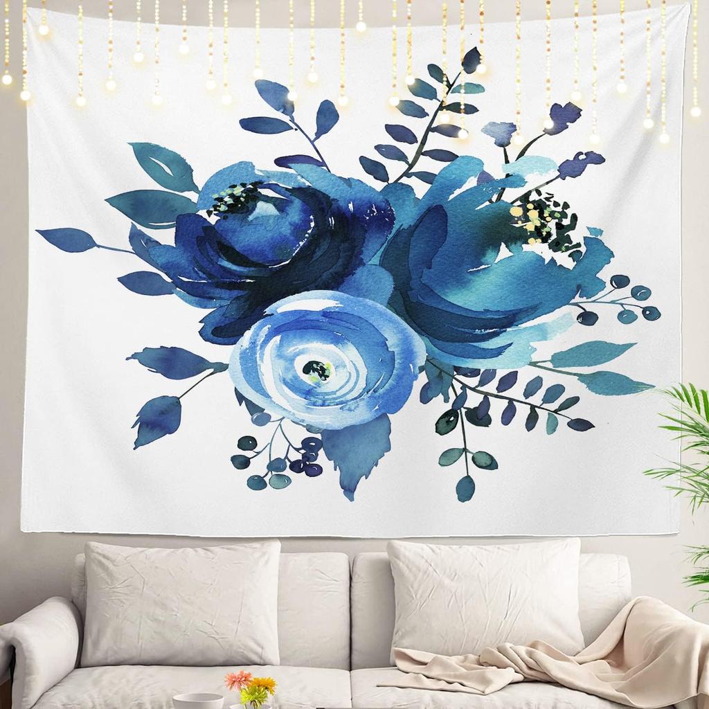 Navy Blue Watercolor Mountains Wall Tapestry, Sky Wall Hanging Large Tapestry Decoration Polyester Fiber White Hem Around for