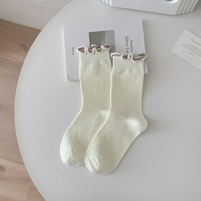 Boneless Lace Pile Socks, Color-blocking Black Ear-trimmed Mid-calf Socks, Sweet and Girlish Ballet Style