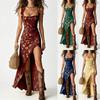 Bohemian Style Sleeveless Dress with Ruffle Straps High Slit Maxi Dress Vintage Floral Print Summer Dress for Women