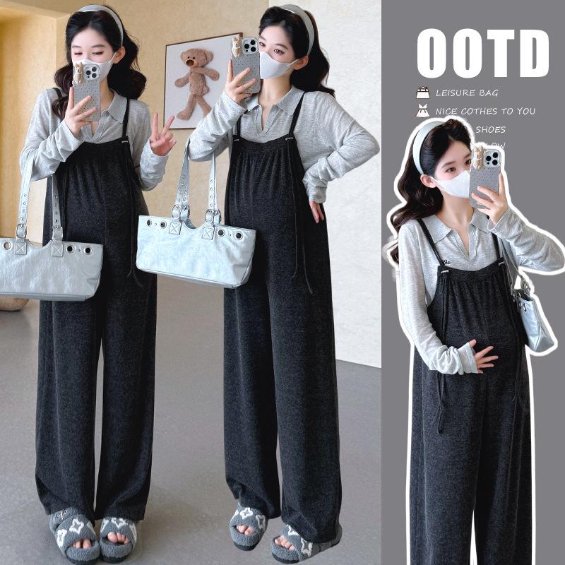 2026 Spring Fashion: POLO Collar Knit Top & Korean-Style Maternity Overalls M