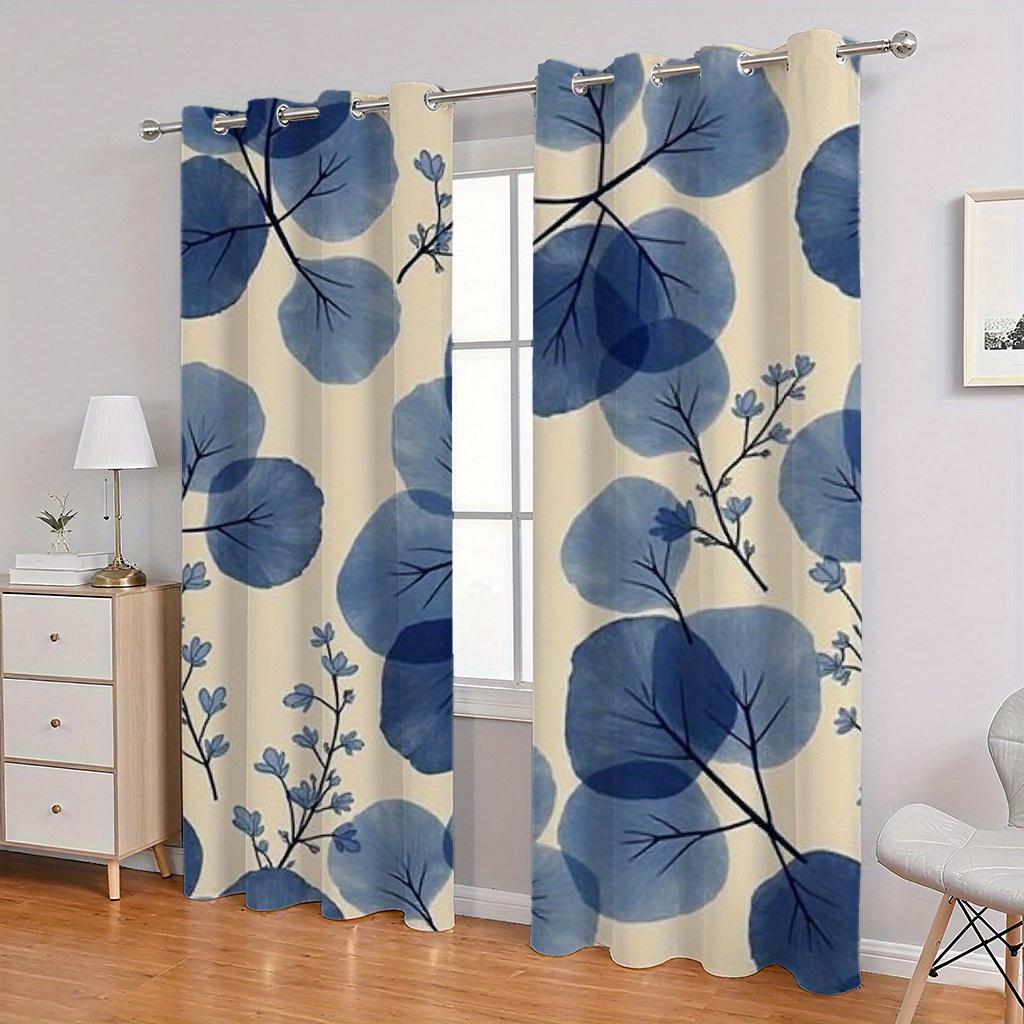 2 szt. Zasłony z nadrukiem niebieskich liści   Tkanina poliestrowa   Można prać w pralce   Nadają się do dekoracji sypialni salonu