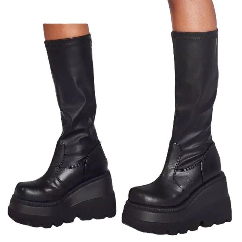 Martin boots autumn and winter new large size wedge heel high women's boots thick-soled rear zipper knight boots