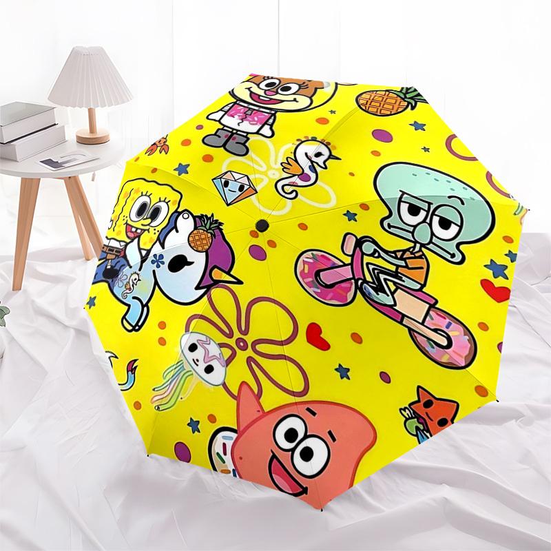 1pc SpongeBob SquarePants Automatic Opening Umbrella with Tokidoki Characters, Portable 3-Fold Design, 8-Bone Iron Frame, Outdoor for Fans, Travelers,