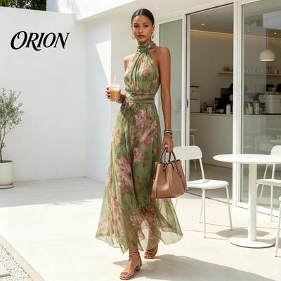 Vacation Travel Dress Floral Chiffon for Women, Halter Sleeveless Ruched Maxi Draped Skirt Dress, Turtle Neck Wedding Guest Cocktail Evening Women