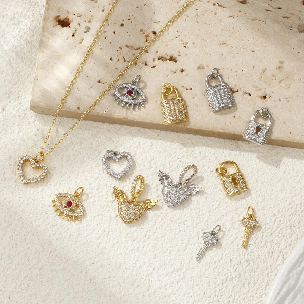 1 Piece Brass & Cubic Zirconia Charms Gold Plated Micro Pave Wings Heart Key Eye Lock Pendant For DIY Necklace Jewelry Making