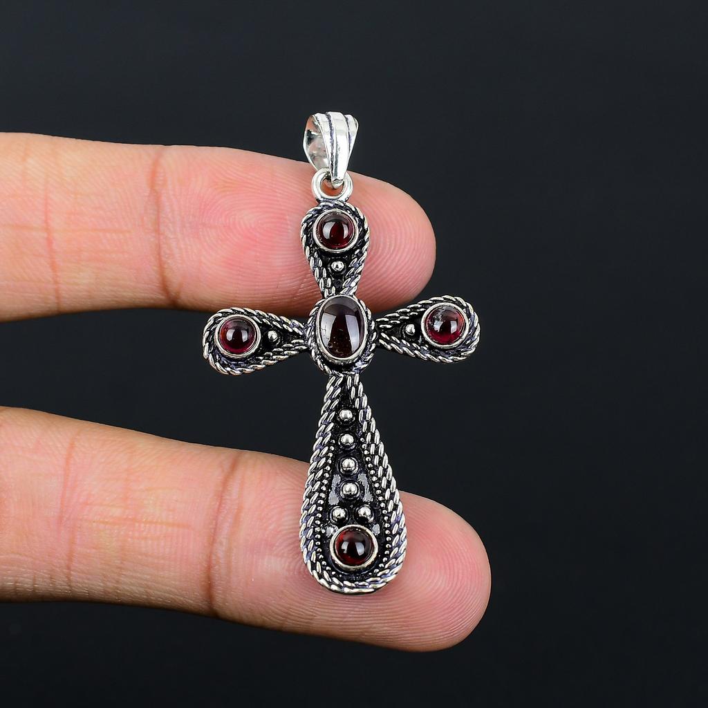 Natürlicher Granat Edelstein Handgefertigter 925 Sterling Silber Kreuz Anhänger 2,10" d3I87