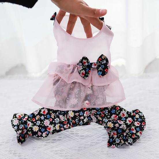 Dog Jumpsuit Round Neck Floral Printed Ruffles Hem Bowknot Romper Pet Dog Pet Supplies