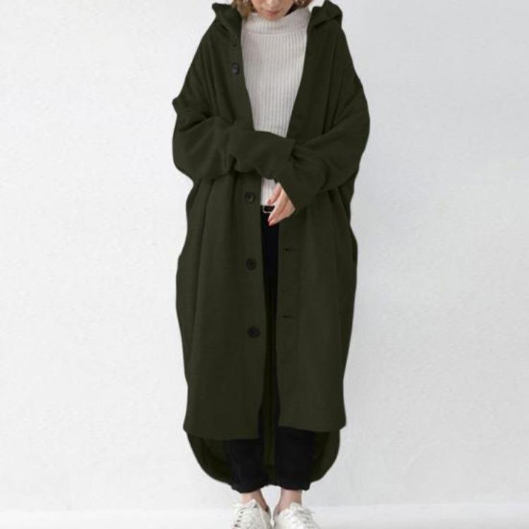 Winter Women Long Sleeve Trench Coat Ankle Length Hooded Single Breasted Thick Pockets Solid Color Irregular Hem Casual Outdoor Jacket