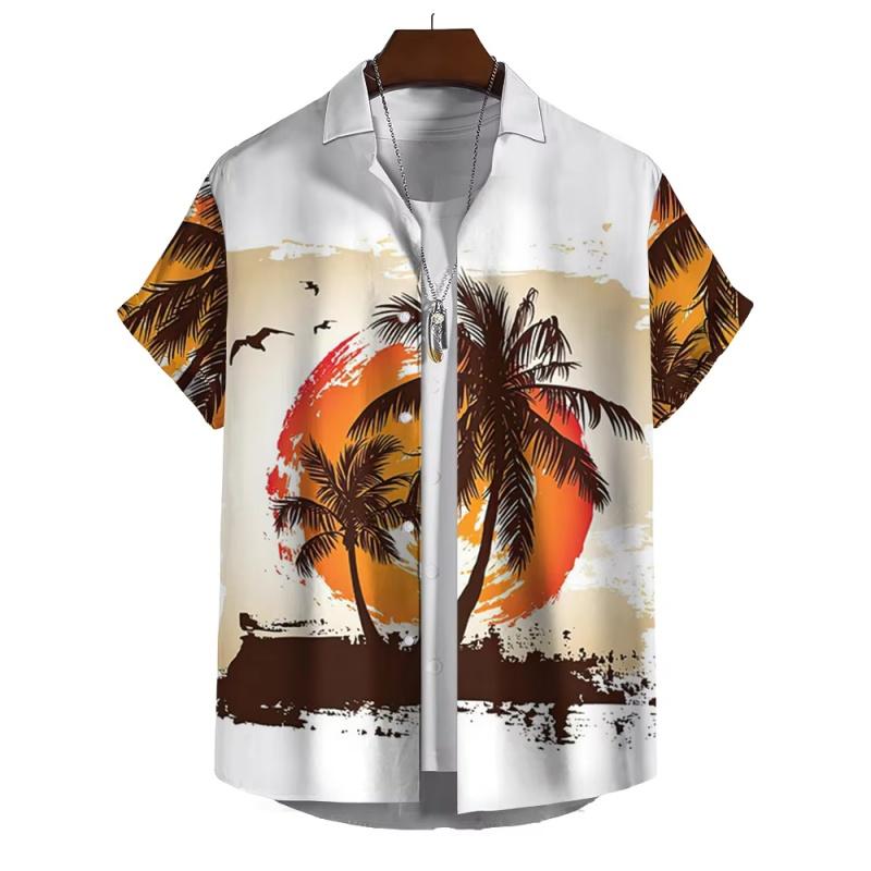 Camisa havaiana masculina com estampa de sol e coqueiro, camisa de praia com estampa 3D do Havaí, camisa de rua casual de verão de manga curta
