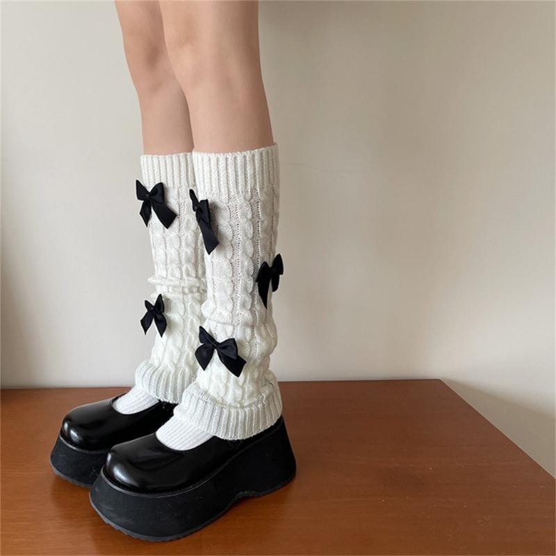 Womens Girls Japanese Cable Knitted Stretch Leg Warmers Sweet Bowknot Accent Leg Covers Footless Boot Socks Streetwear