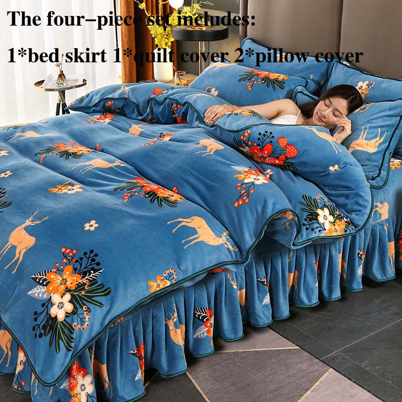 Milk Velvet Four-piece Suit Plus Velvet Thickening Soft Skin-friendly Bedding Double-sided Velvet Bed Skirt Is Resistant To Dirty Winter