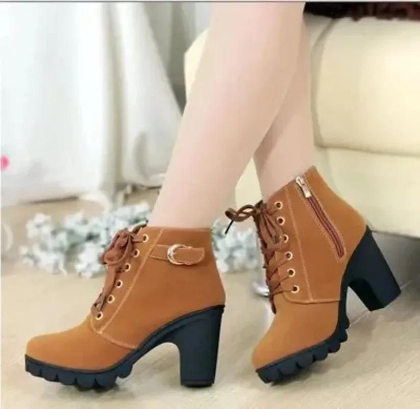Autumn/Winter   New High Heel Women's Boots Cross Tie Short Boots Thick Heel Leather Boots