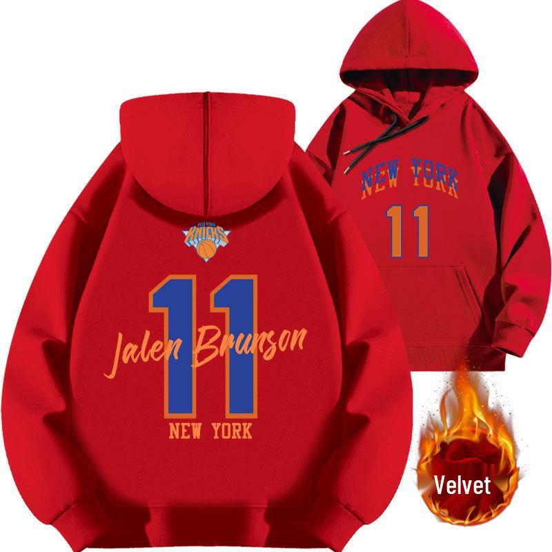 2025 Jalen Brunson Knicks Basketball Hoodie with Plus Velvet for Autumn