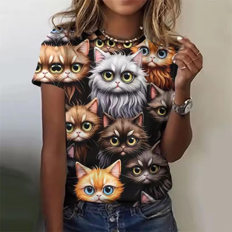 Cat Animal 3D Print T-Shirts Summer Women Round Neck Short Sleeve T Shirt Harajuku Top Y2k Casual Oversized Tees Female Clothing