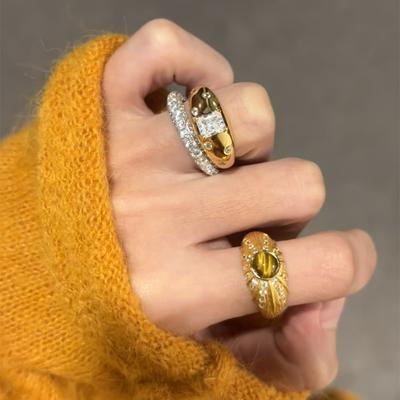 Retro Brushed Tiger'S Eye Stone Square Diamond Wide Version Ring, Gold Brushed Pattern Niche Design, High-End Light Luxury Index Finger Ring