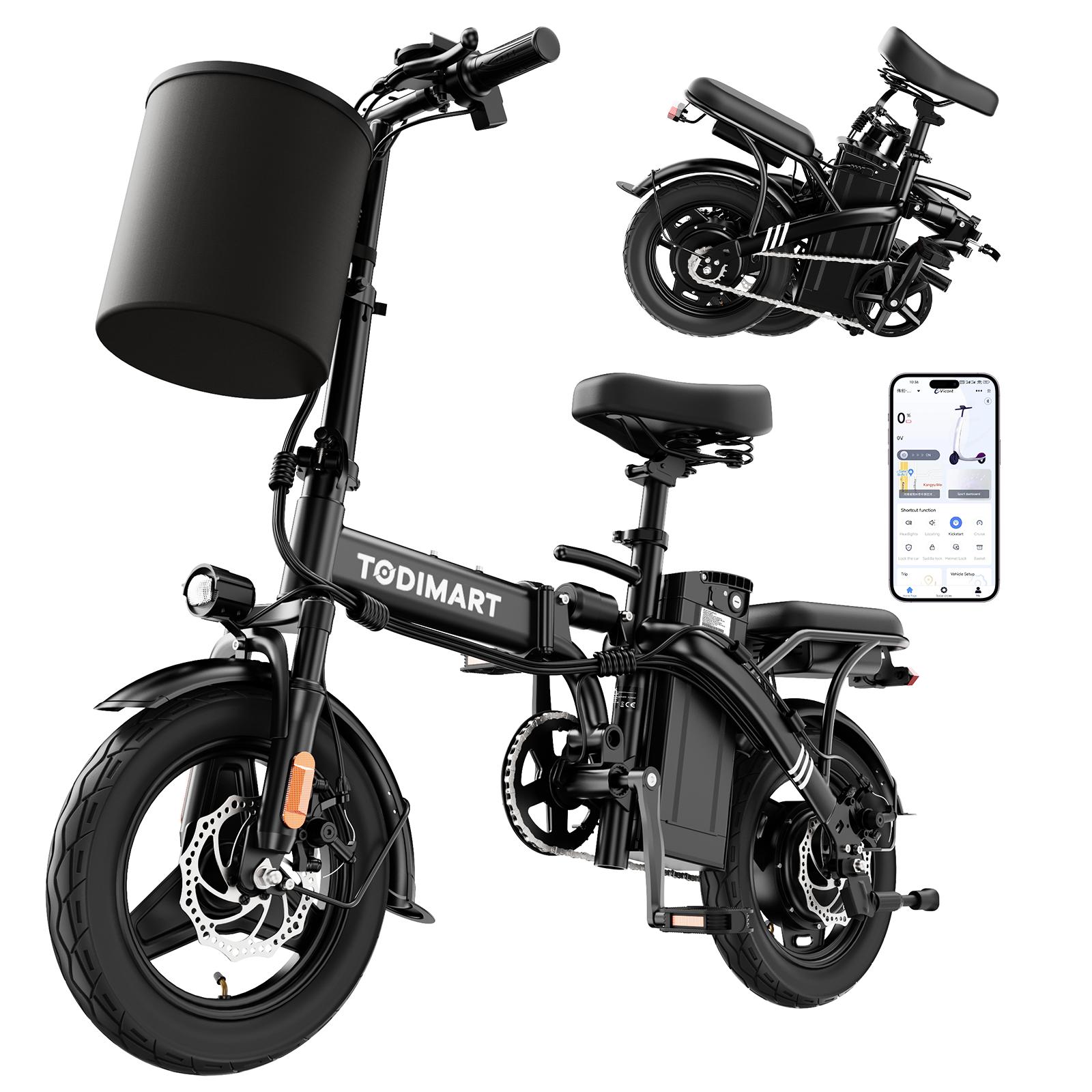TODIMART 14  faltbares Elektrofahrrad, 48V 9Ah abschließbarer abnehmbarer Akku, Reichweite 50-60KM, verstellbare Höhe, Tragfähigkeit 150KG, Doppelradfederung, App-Steuerung Standard