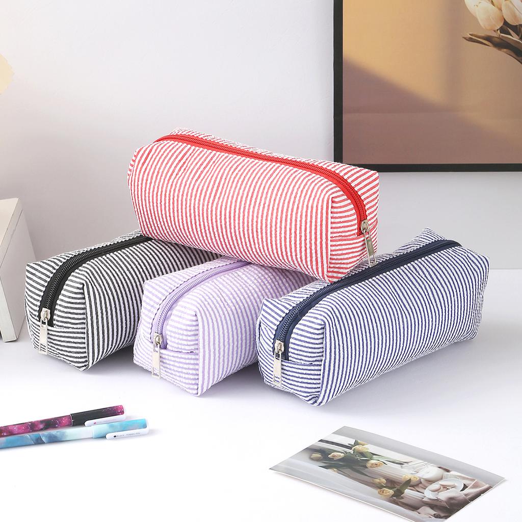 Cute Striped Canvas Pencil Case, Small Travel Pouch with Zipper, Large Capacity Portable Stationery Bag for School Office Girls