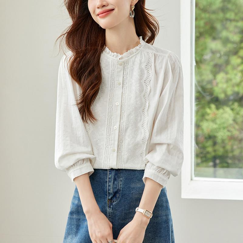 

Кружевная блузка с круглым вырезом и длинным рукавом для женщин. Весенний новый стиль. Простая, для работы, универсальная, свободная, повседневная. Топ для женщин. XXL белый