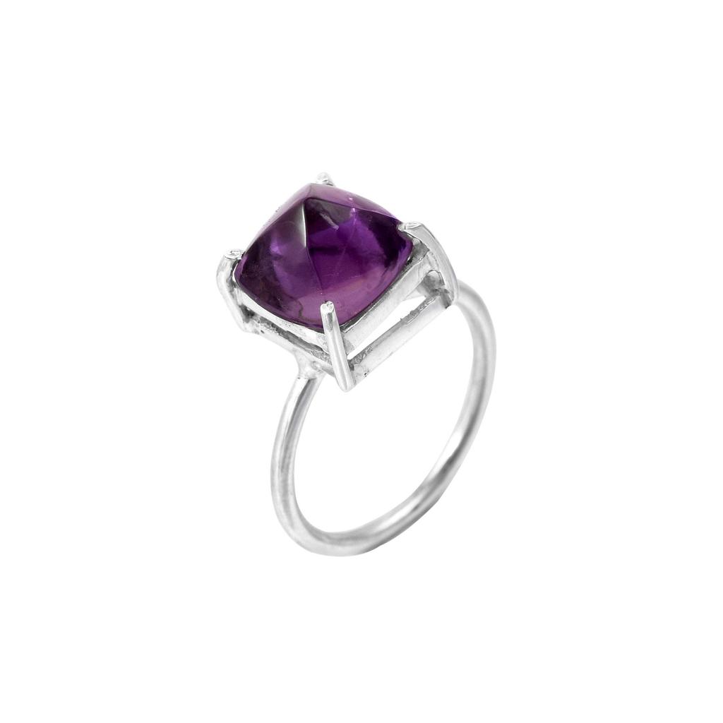 925 Sterling Silver Natural Sugar Loaf Amethyst Gemstone Ring 7 US Gift Ring