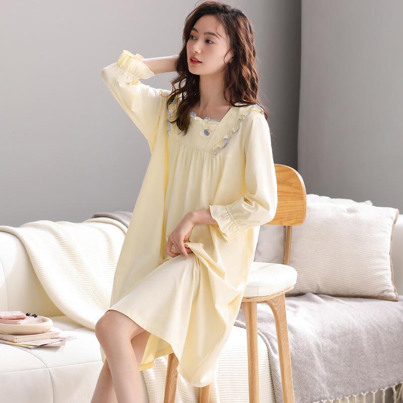 Prinzessinnen-Stil Nachthemd Damen Frühling und Herbst Reine Baumwolle Neun-Punkt-Ärmel Süß Frühling und Sommer Dünner Stil Kann Draußen Getragen Werden Loungewear