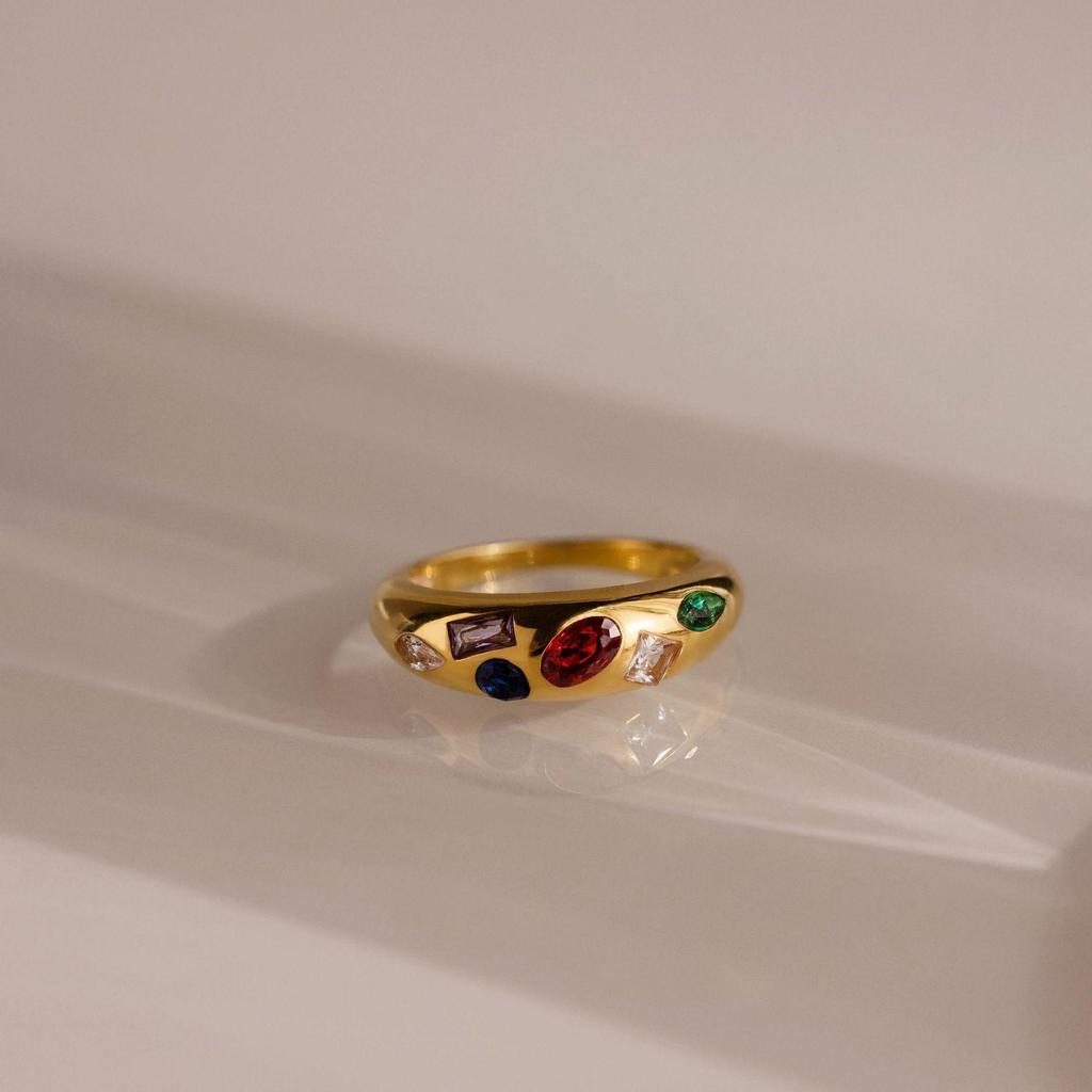 Geometric Irregular Design Pavé Set Colored Zircon Ring - High-End European and American Fashion Trend