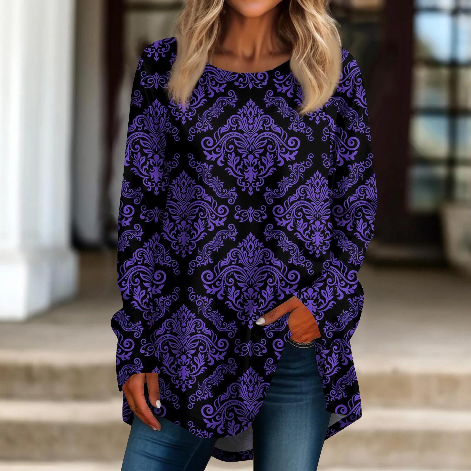 

Хэллоуин Женская повседневная футболка больших размеров с длинными рукавами и круглым вырезом в стиле ретро с принтом Топ XXXL фиолетовый