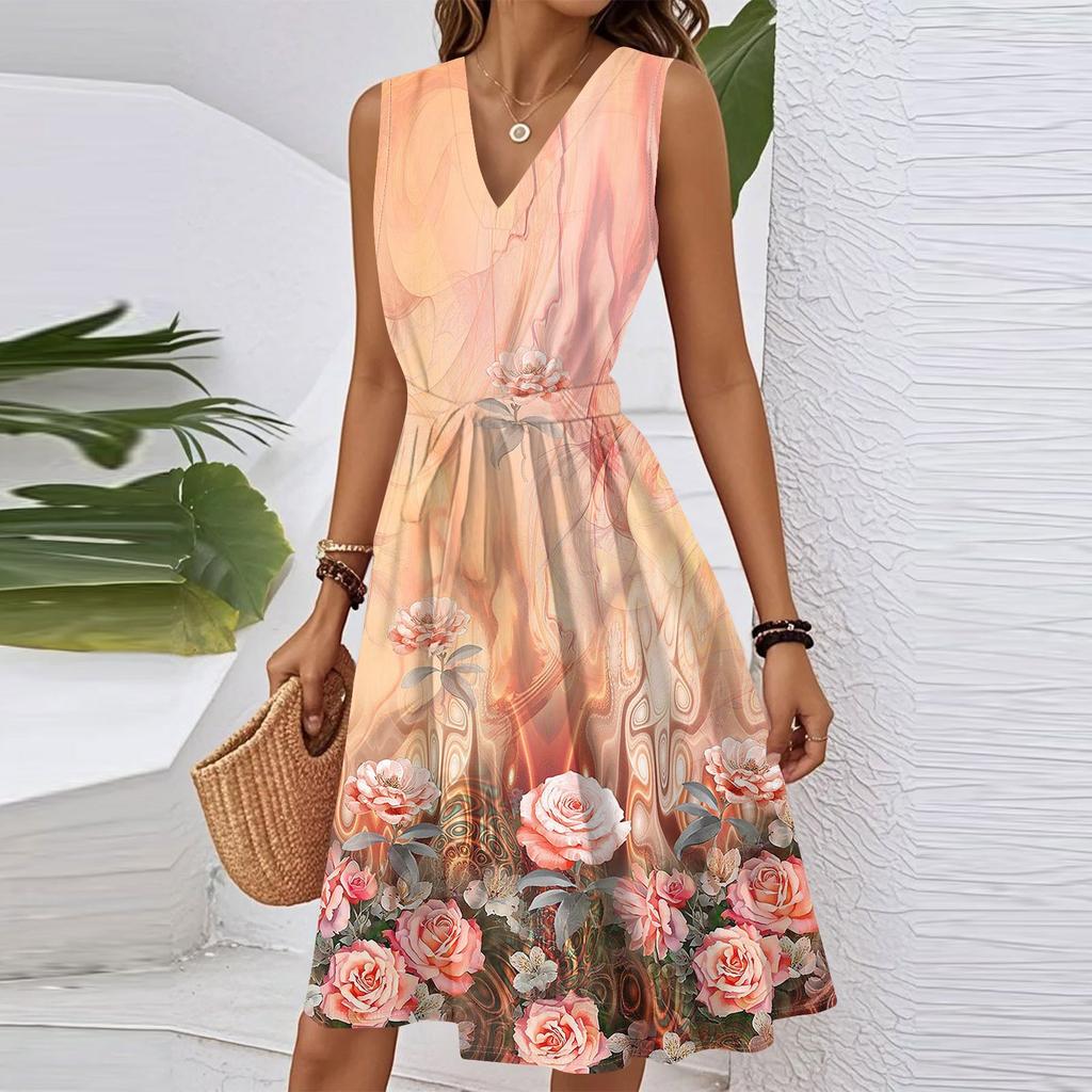 Women's Spring Summer Casual V Neck Sleeveless Waist Floral Print Midi Dress