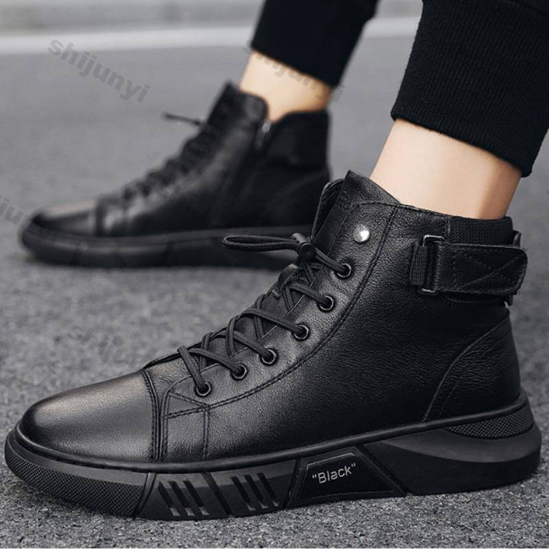 Fashion Men High-top Sneakers Autumn New Fashion Comfortable Platform Soft Leather Boots Men Outdoor High Top Casual Mid Top Sports Shoe