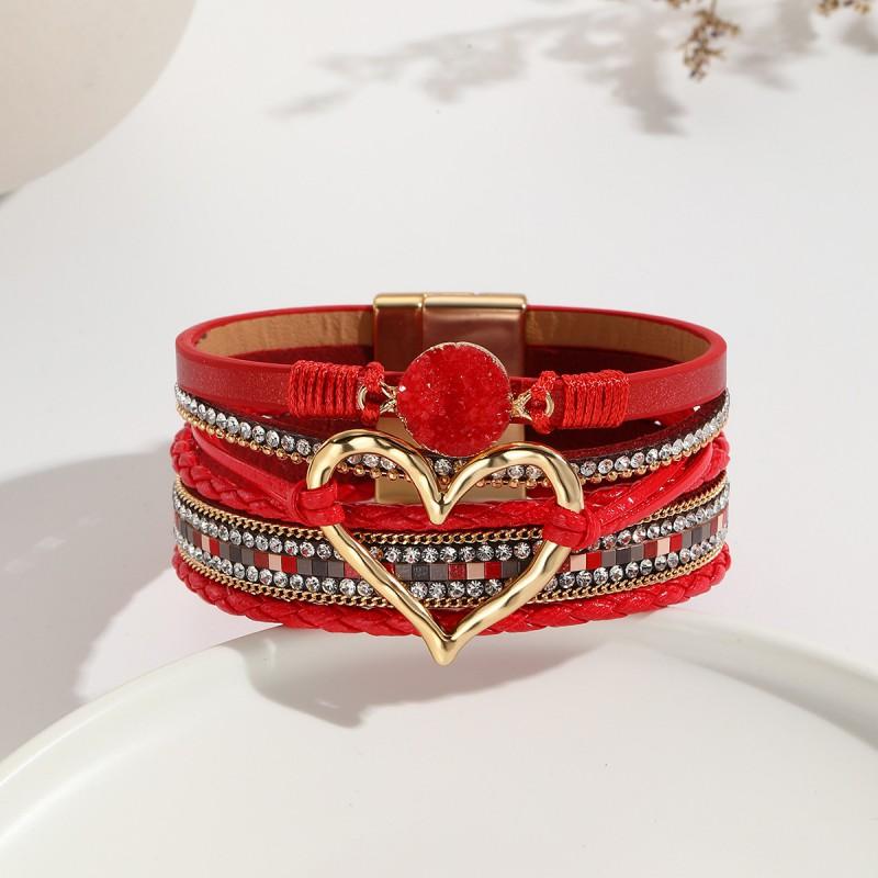 Boho Layered Leather Wrap Bracelet With Natural Stone Heart Charm Women