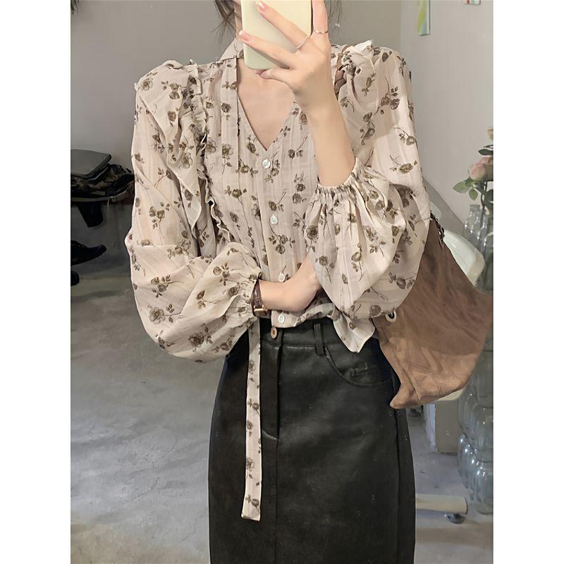 Kumikumi French Style Retro Print V-neck Long Sleeve Shirt Female Autumn Temperament Wild Loose Ruffle Top