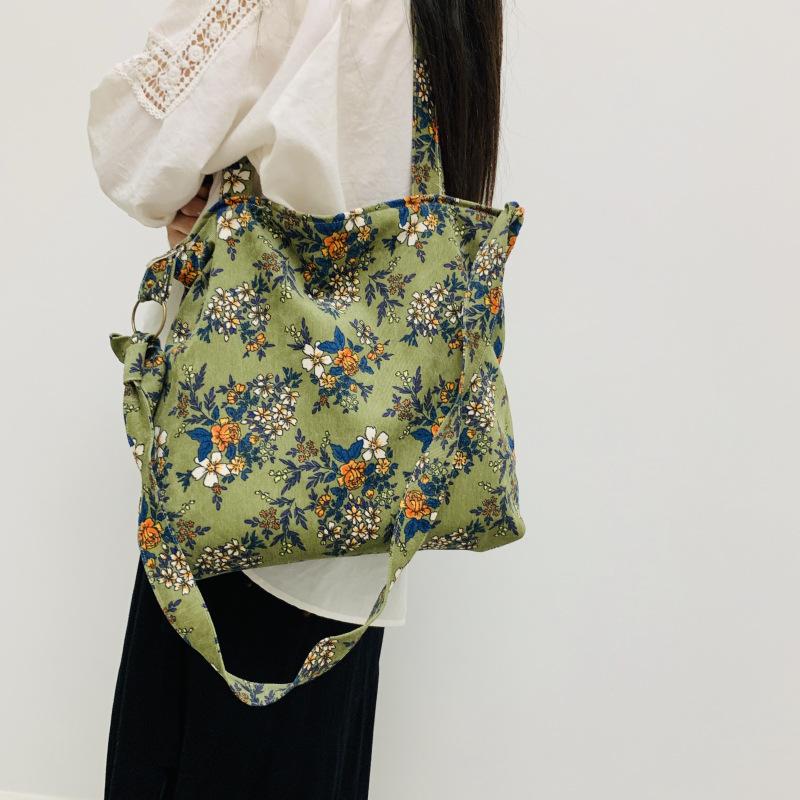 Fashion Retro Floral Print Bag Large-Capacity Corduroy Shoulder Bag Casual Small Fresh Canvas Crossbody Bag