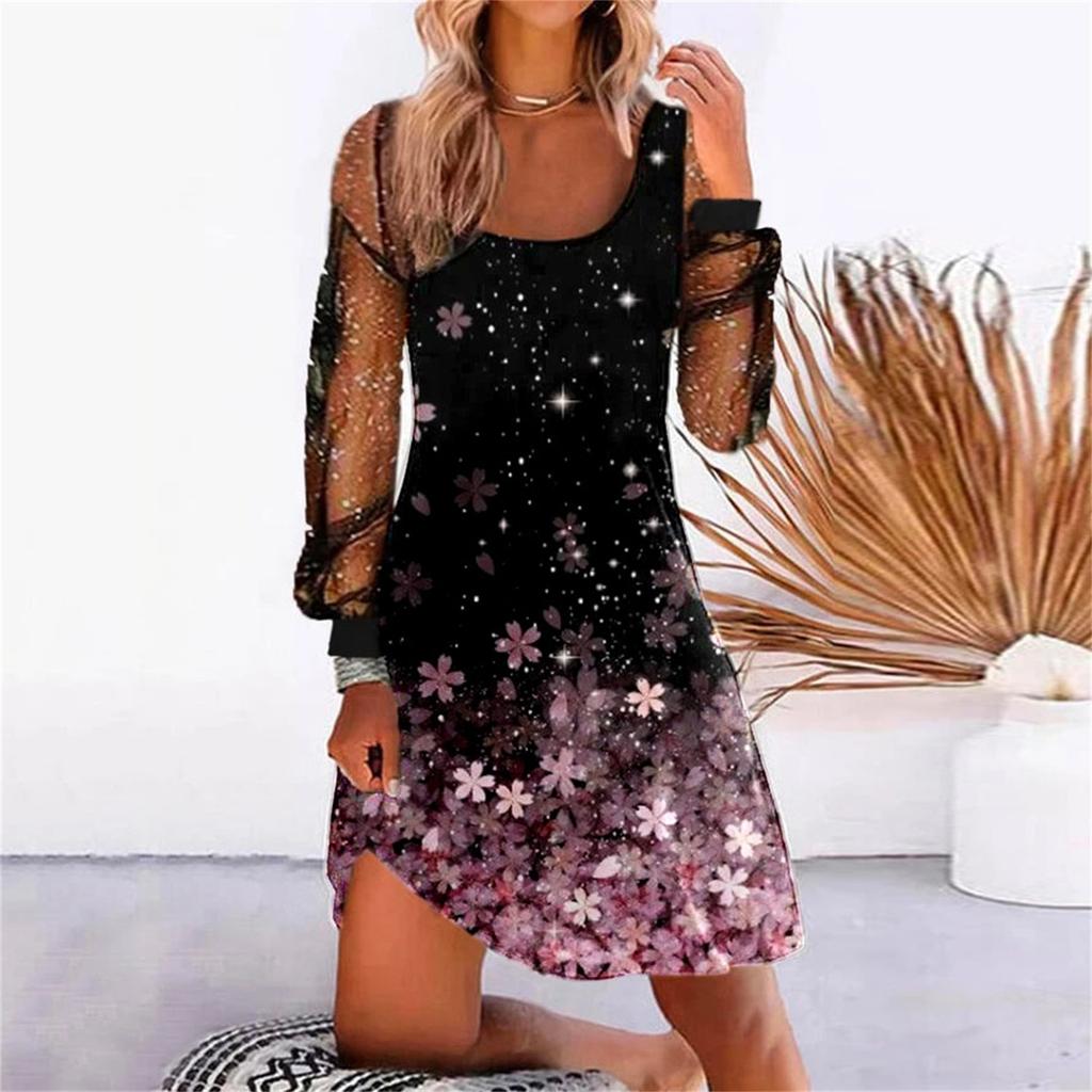 Women Dress See-through Mesh Patchwork U Neck Loose Shiny Sequin Long Sleeve Soft Irregular Hem Pullover Mini Dress