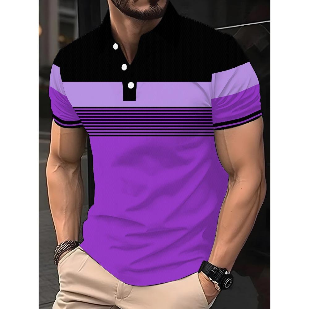 Men's Fashion Color Blocked Shirt, High Neck Golf Shirt, Short Sleeved Printed Button Up Clothing