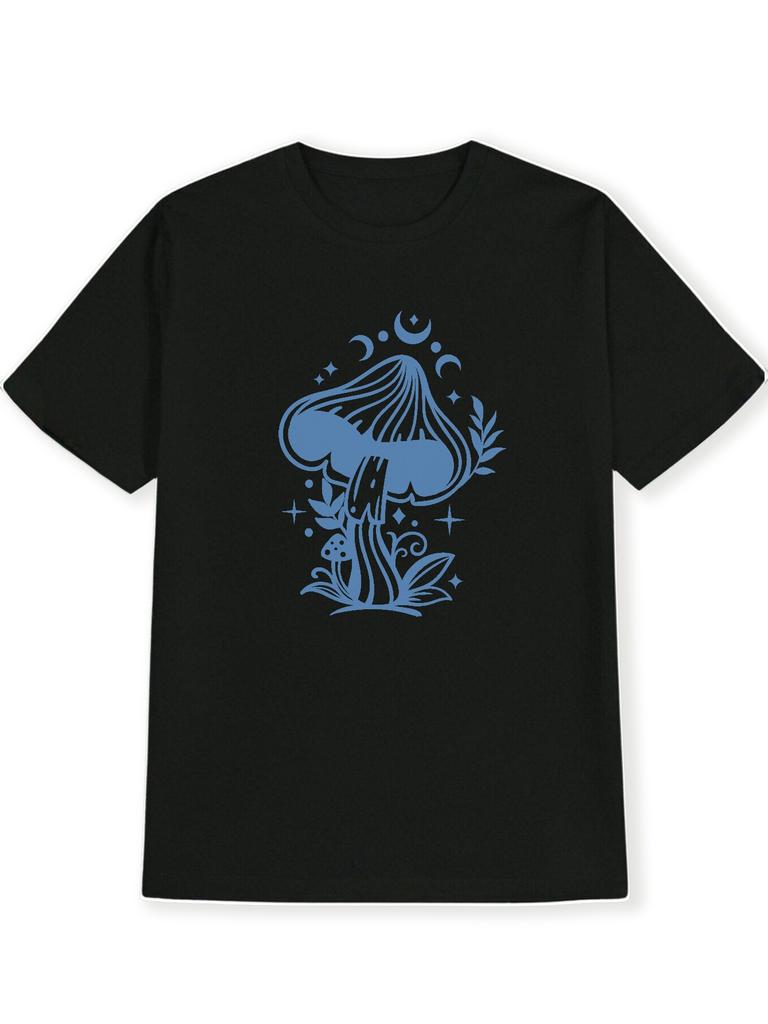 Blue Mushroom Celestial Graphic Tee Mens Casual Cotton Short Sleeve TShirt Breathable Summer Crew Neck