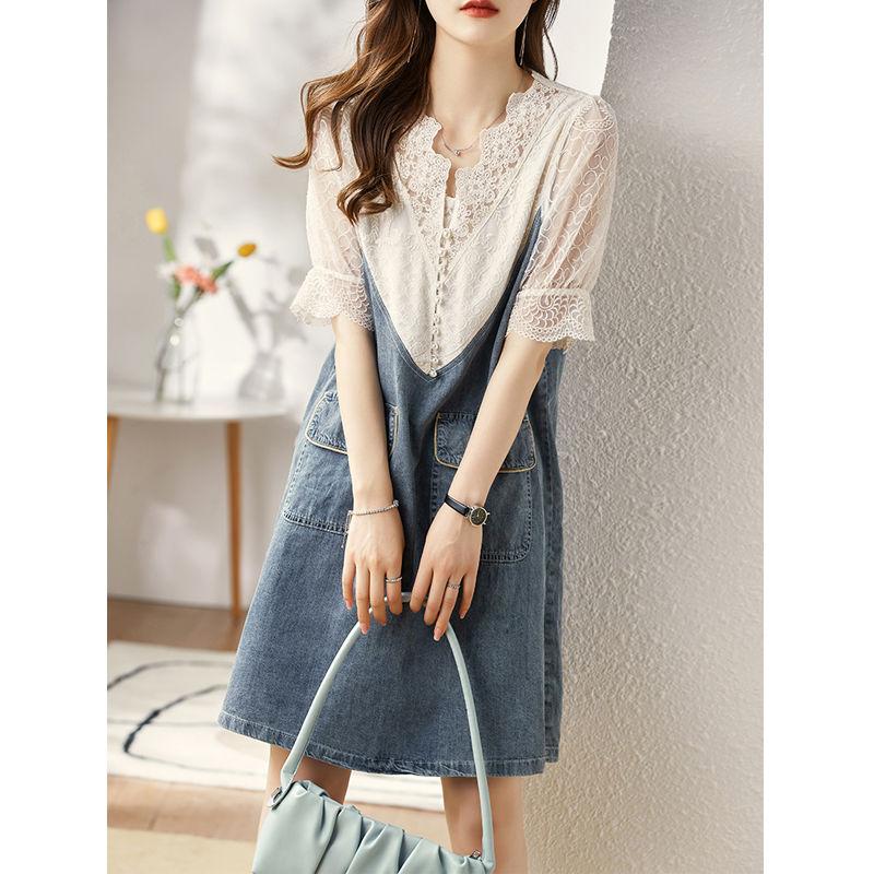 

Летние женские свободные элегантные платья с v-образным вырезом и короткими рукавами, большие размеры, джинсовое лоскутное платье с вышивкой, шикарное милое платье миди с карманами Kawaii