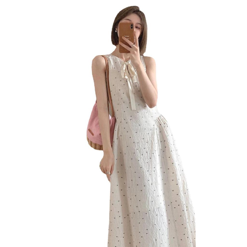 Beige polka dot jacquard sleeveless dress women's summer 2026 new French first love milk sweet A-shaped long skirt