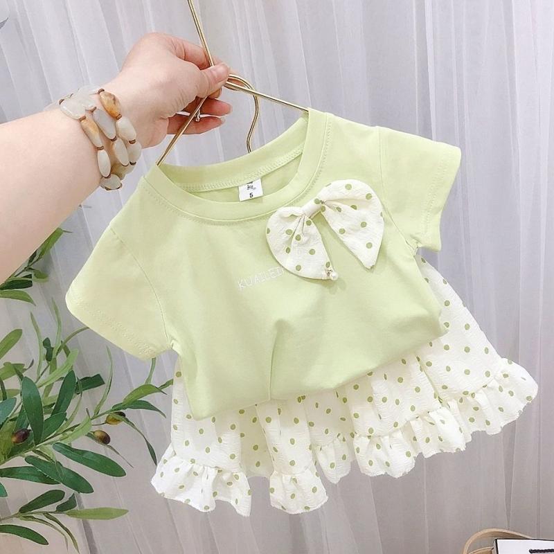 2Pcs/Set Children Set Baby Girls Short Sleeve Summer Clothes Suit Casual Toddler Bow Tops + Dot Short Skirt Print Clothing