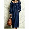 Women Off Shoulder Maxi Dress Long Sleeve Ruffle Loose Casual Solid Color Long Dress with Pocket