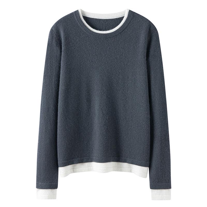 Women's Autumn Winter Patchwork Cashmere Round Neck Loose Pullover Knitwear