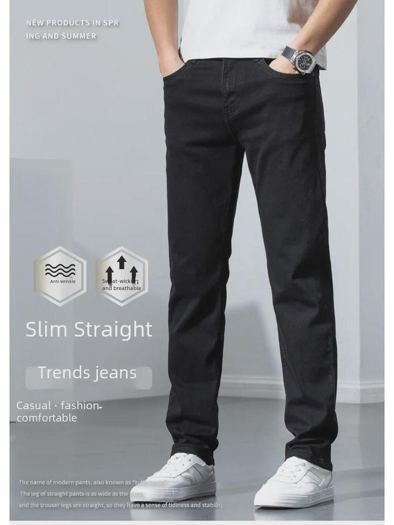 Męskie dżinsy slim straight czarne - Modny, klasyczny młodzieżowy styl denimowy