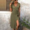 Elegant And Beautiful Women's Dresses 2025 Knitted Plain Sexy Deep V-neck Design Waist Tie Skinny Side Split Dress