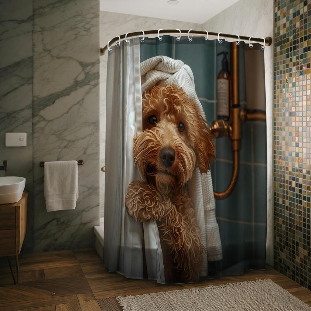Cute Teddy Dog Shower Curtains Funny Dog Barn Door Decor Polyester Fabric Waterproof Bathroom Curtains Set with 12 Hooks
