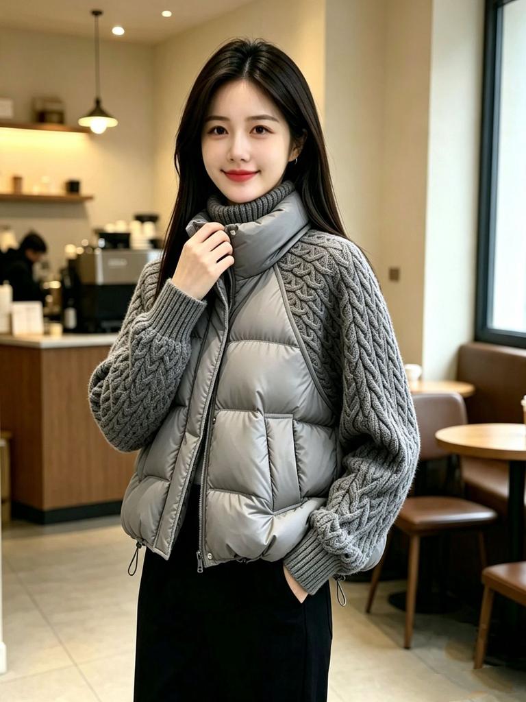 Short Stand-up Collar Cotton-padded Jacket Women's Knitted Splicing Sleeves Autumn and Winter Loose Cotton-padded Clothing Brick and Mortar Store Mult