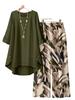Large Size Women's Seven-quarter-sleeved Irregular Top Plant-printed Wide-leg Pants Casual Two-piece Set Multi-color