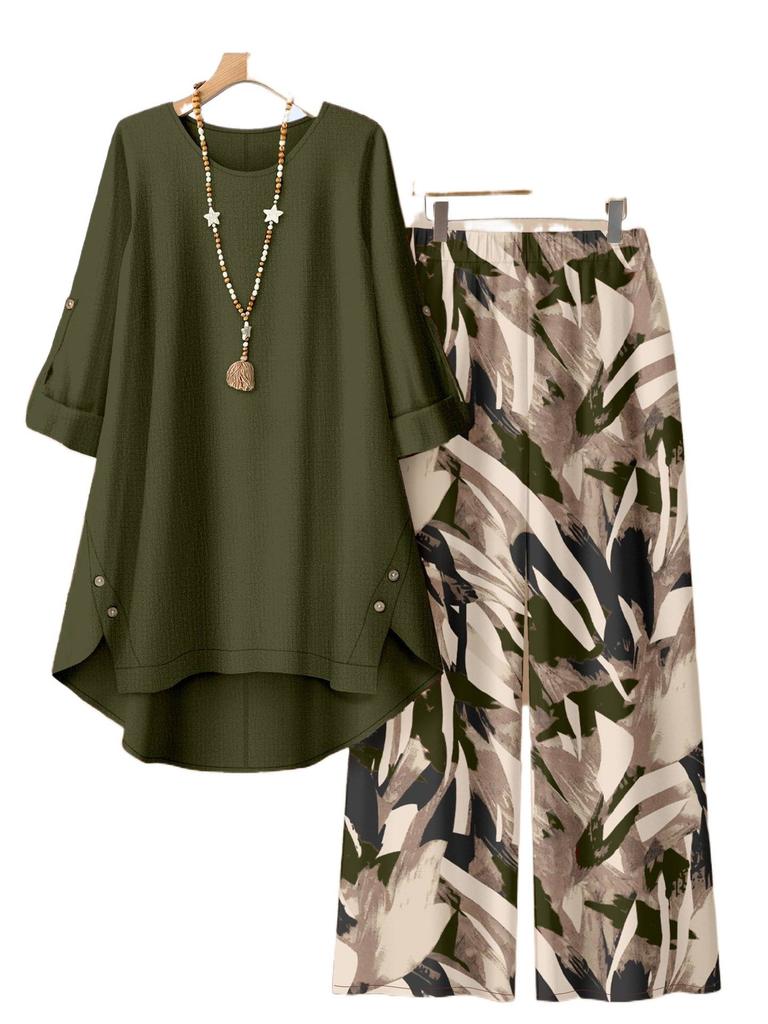 Large Size Women's Seven-quarter-sleeved Irregular Top Plant-printed Wide-leg Pants Casual Two-piece Set Multi-color