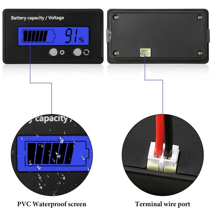 Indicateur de jauge batterie LCD wattmètre universel 12–84V (Bleu) — plomb &amp; lithium