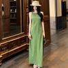 Retro Green Sleeveless Slimming Summer Dress - Women's Chic Waist-Cinching Long Style